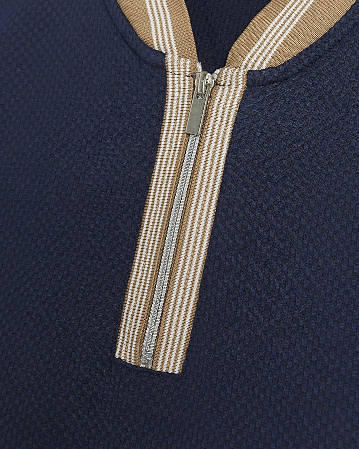 Navy slim fit stretch textured taped polo