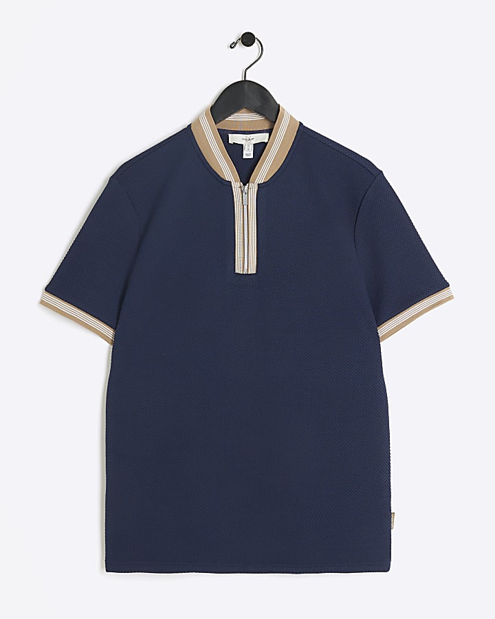 Navy slim fit stretch textured taped polo