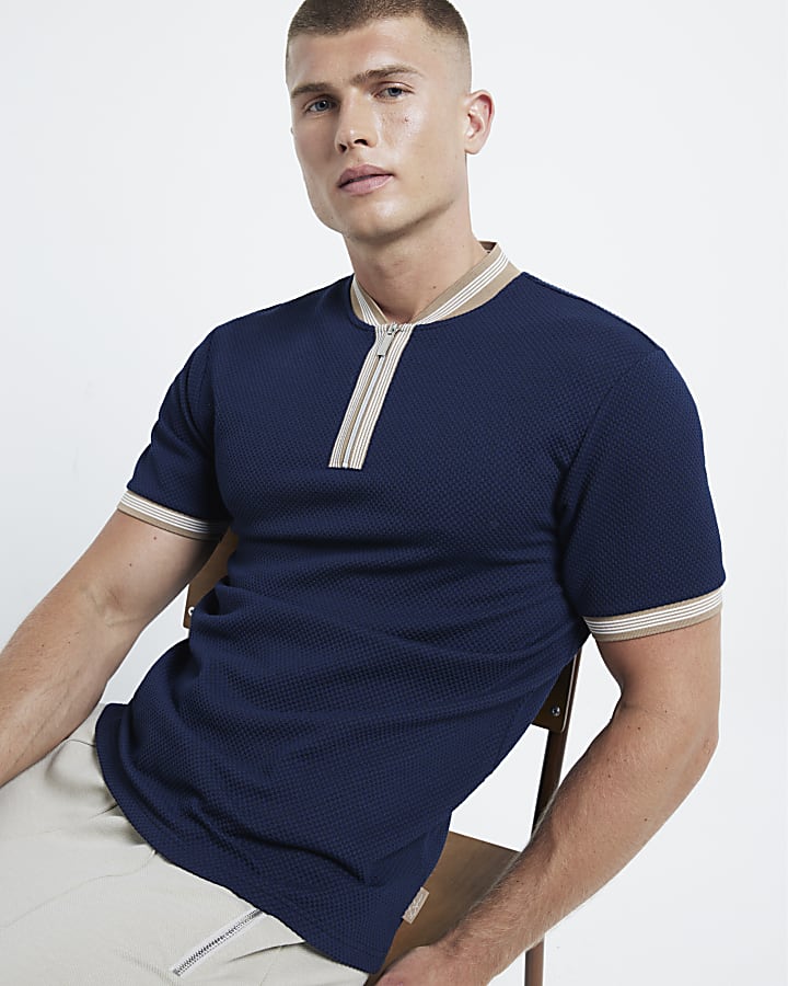 Navy slim fit stretch textured taped polo