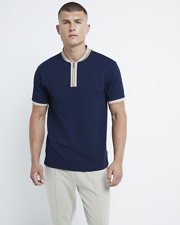 Navy slim fit stretch textured taped polo