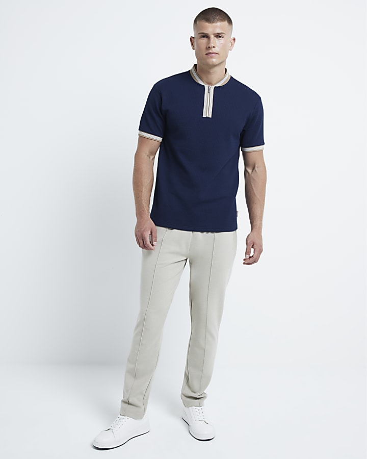 Navy slim fit stretch textured taped polo