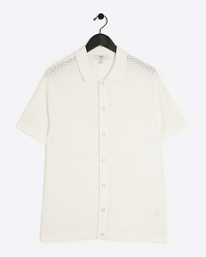 White regular fit textured knitted shirt