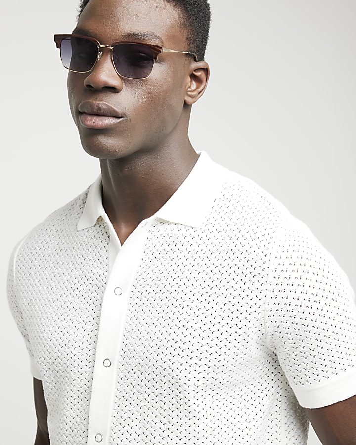 White regular fit textured knitted shirt