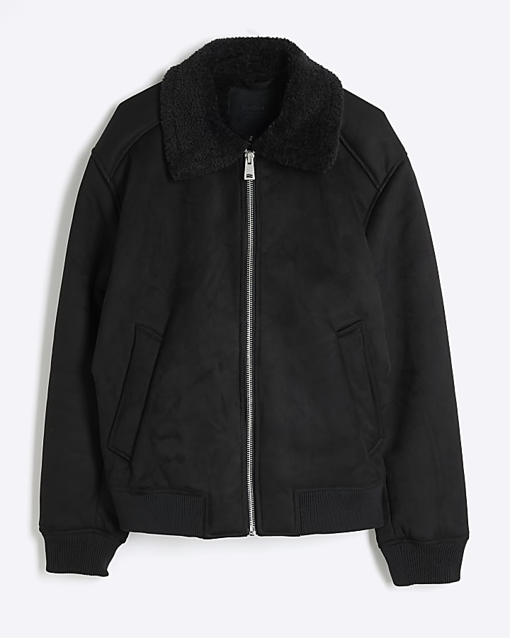 Black Regular fit Shearling Bomber Jacket