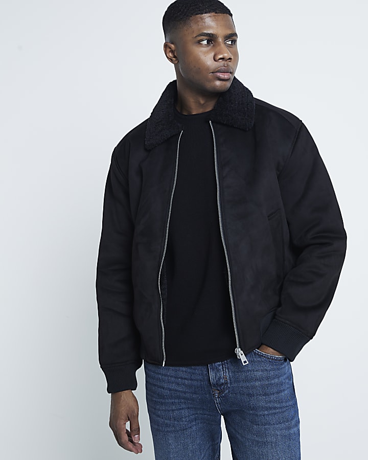 Mens black shearling bomber jacket online