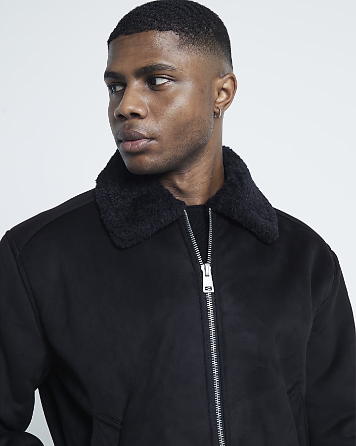 Black Regular fit Shearling Bomber Jacket