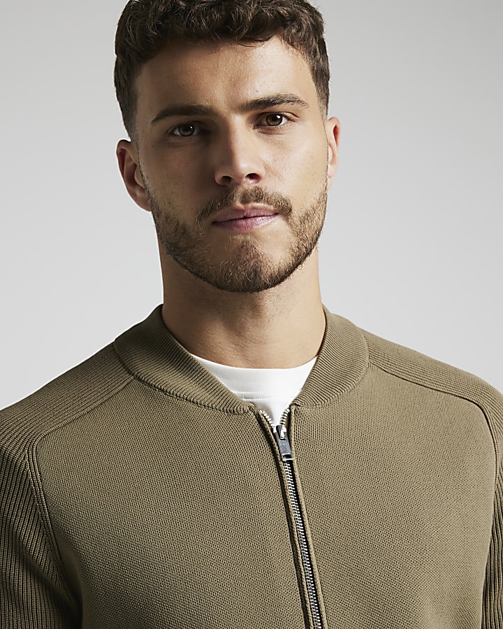 Green slim fit knitted zip up bomber jacket