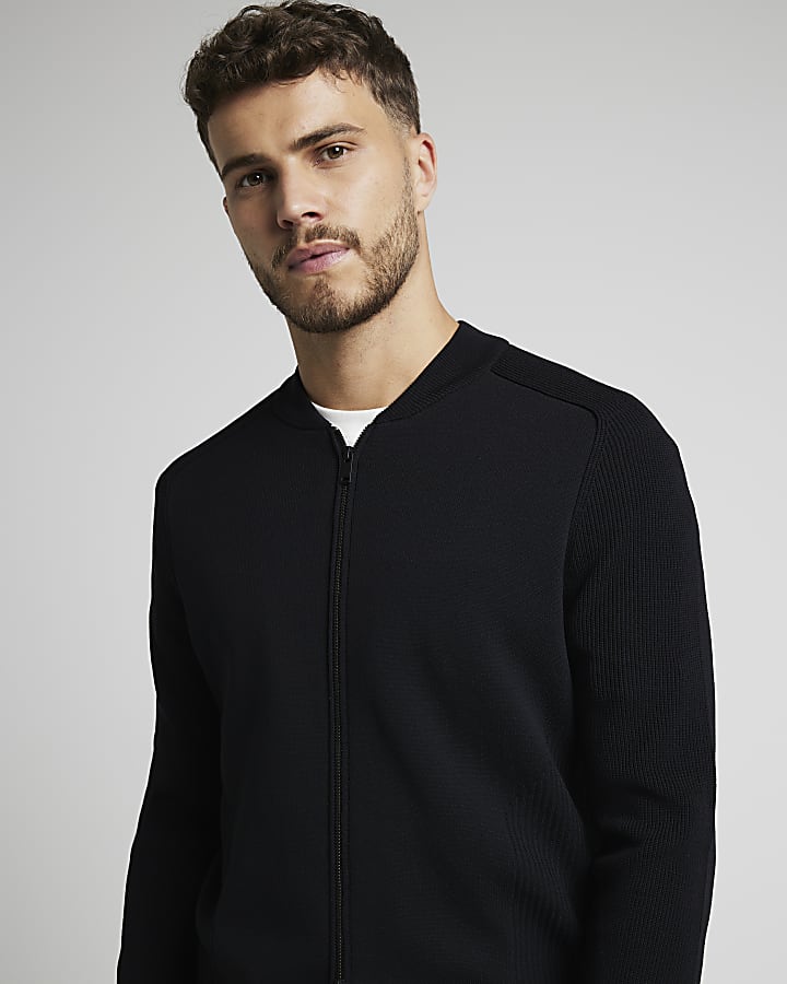 Black slim fit knitted zip up bomber jacket