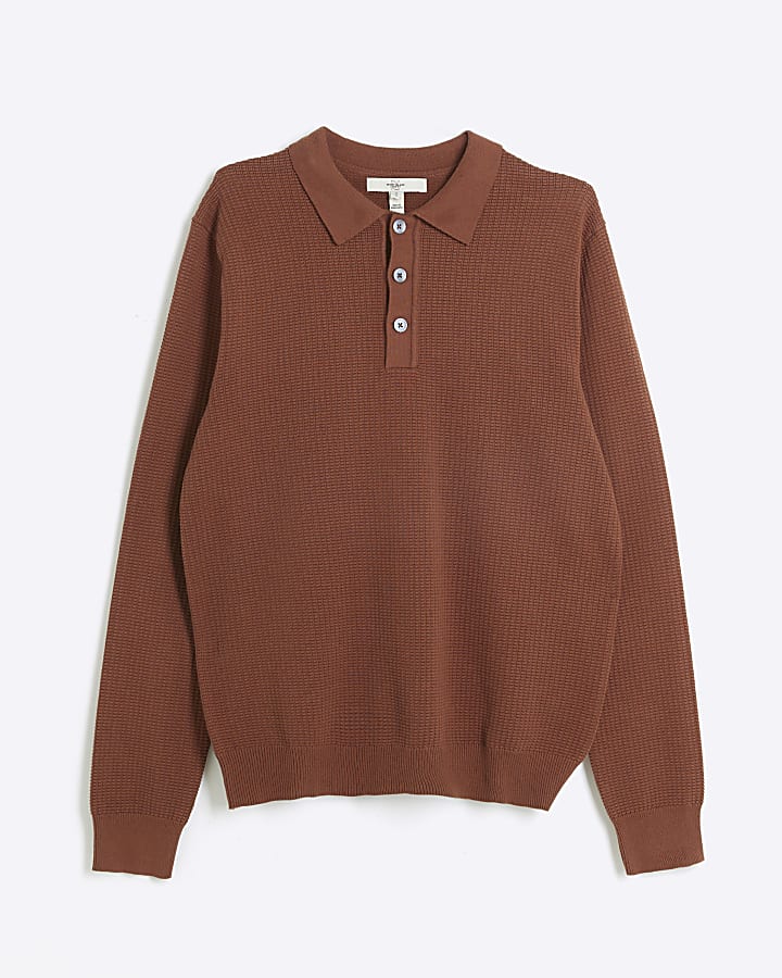 Brown slim fit waffle knit polo shirt