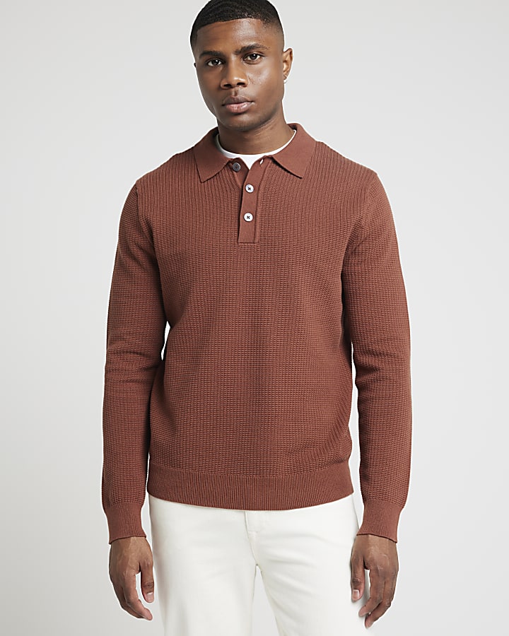 Brown slim fit waffle knit polo shirt