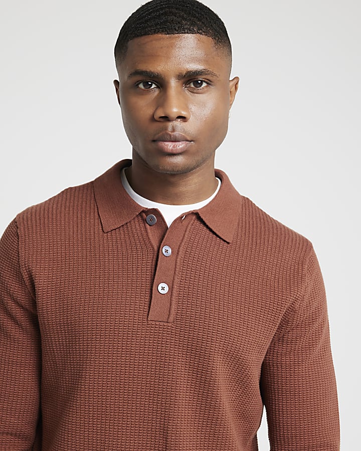 Brown slim fit waffle knit polo shirt