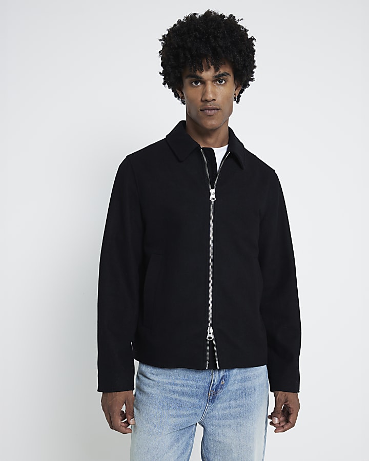 Black Regular Fit Zip Up Wool Blend Jacket