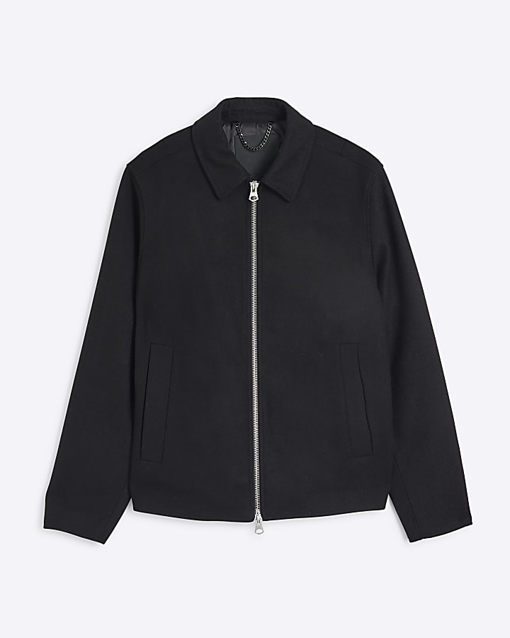 Black Regular Fit Zip Up Wool Blend Jacket