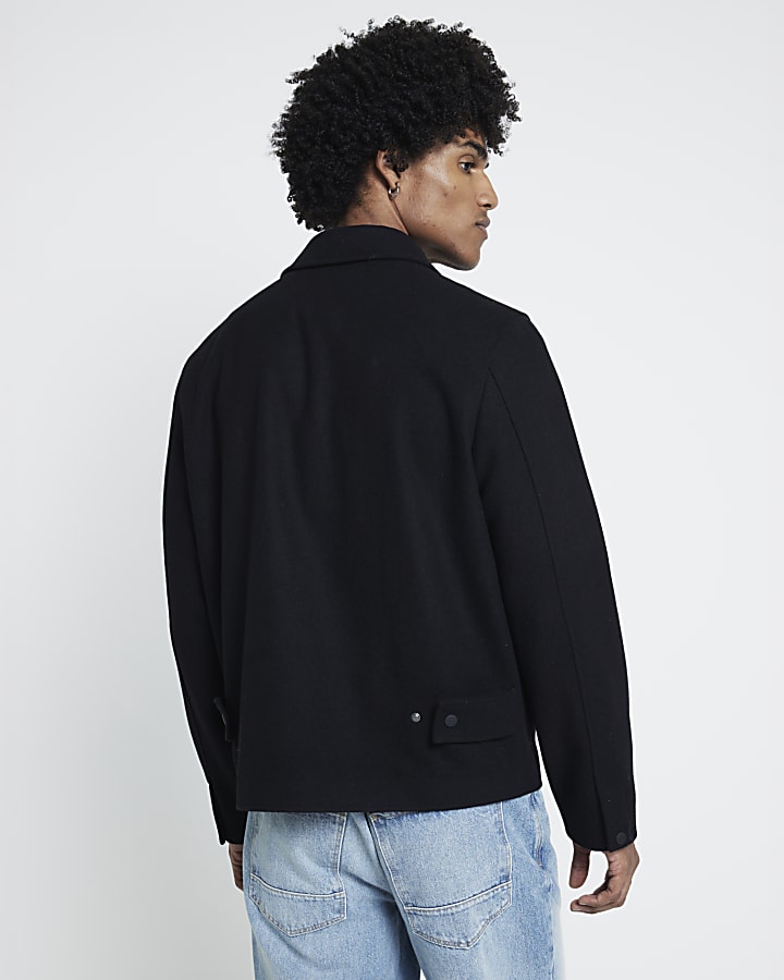 Black Regular Fit Zip Up Wool Blend Jacket