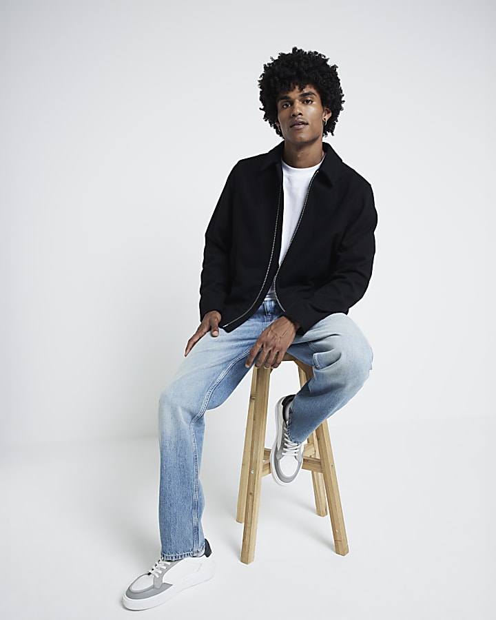 Black Regular Fit Zip Up Wool Blend Jacket