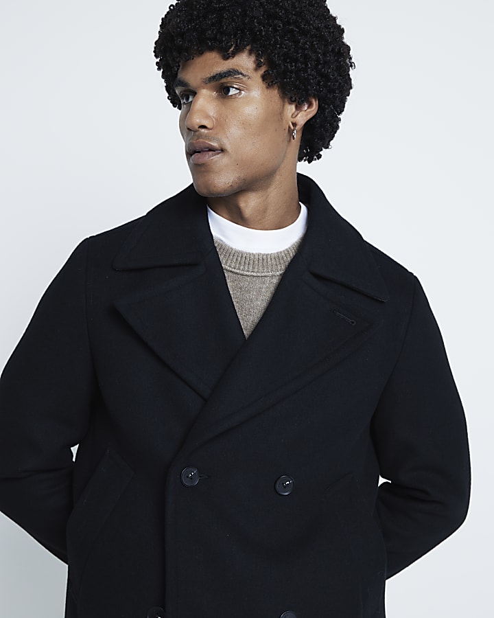 Black Regular Fit Wool Blend Peacoat