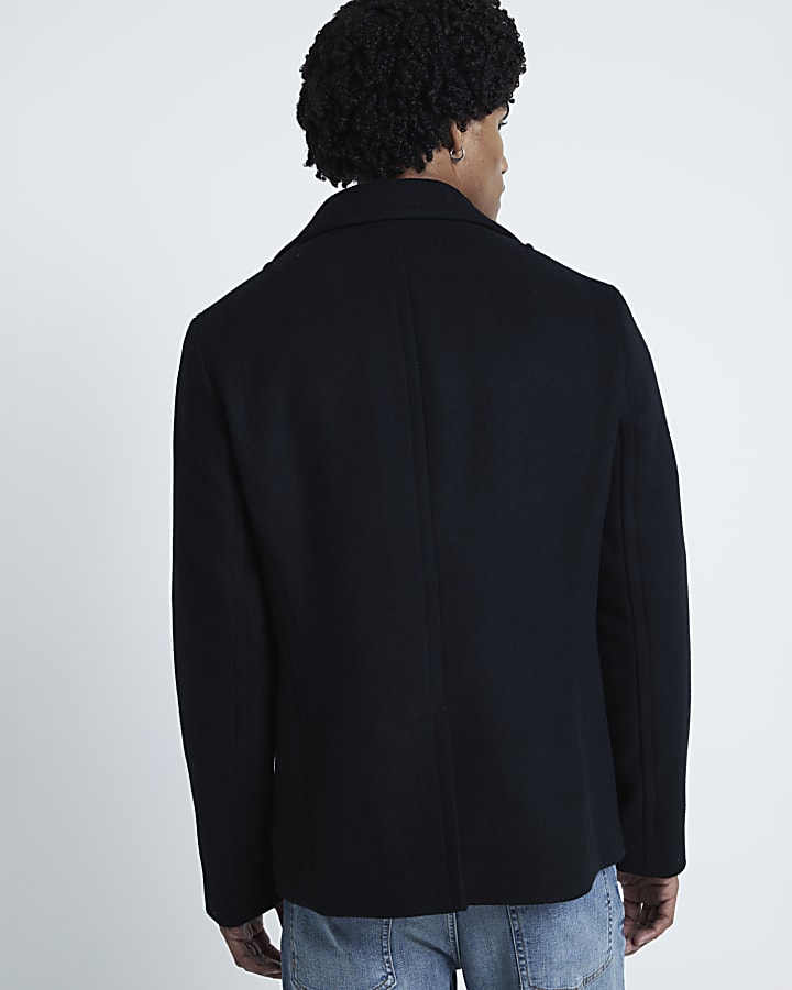 Black Regular Fit Wool Blend Peacoat