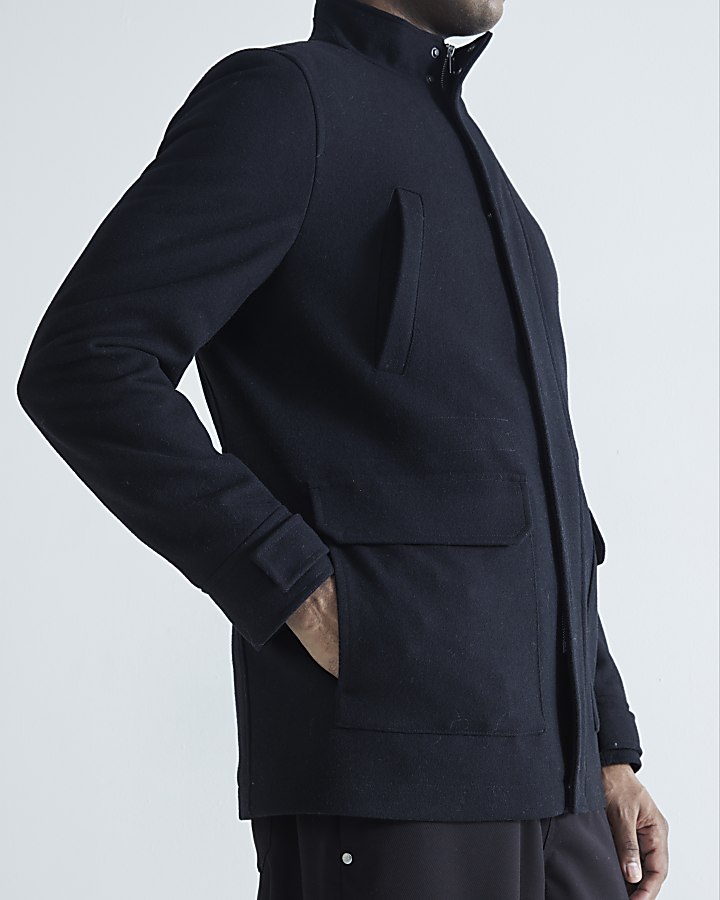 Black Wool Blend Funnel Neck Coat