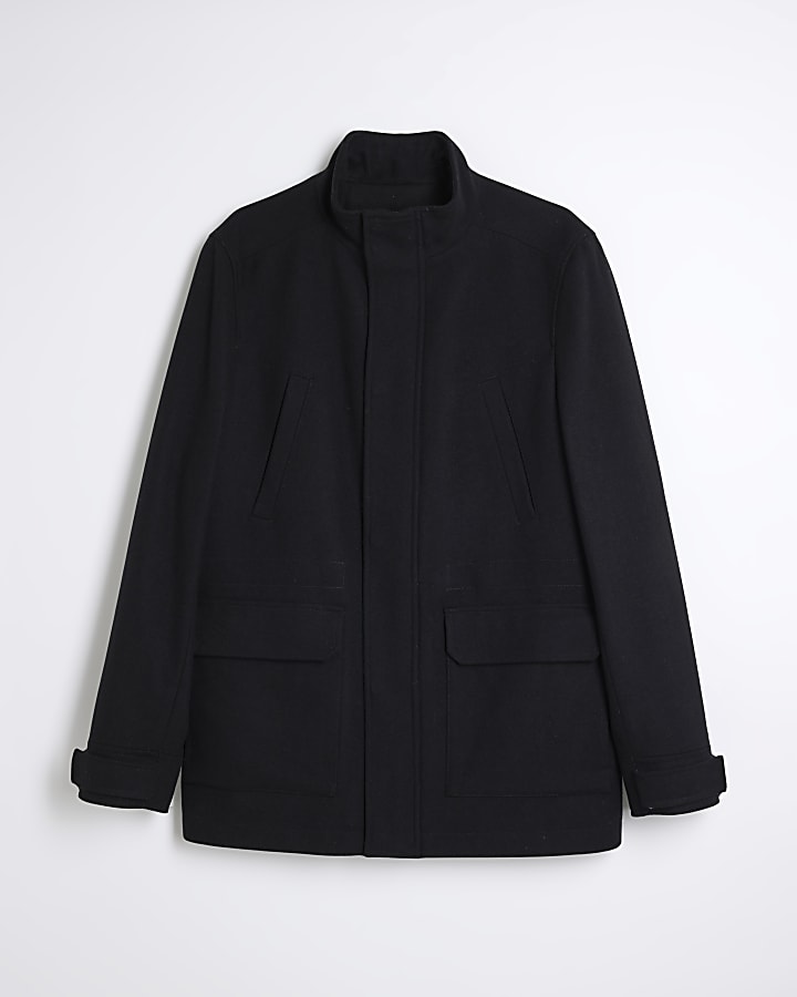 Black Wool Blend Funnel Neck Coat