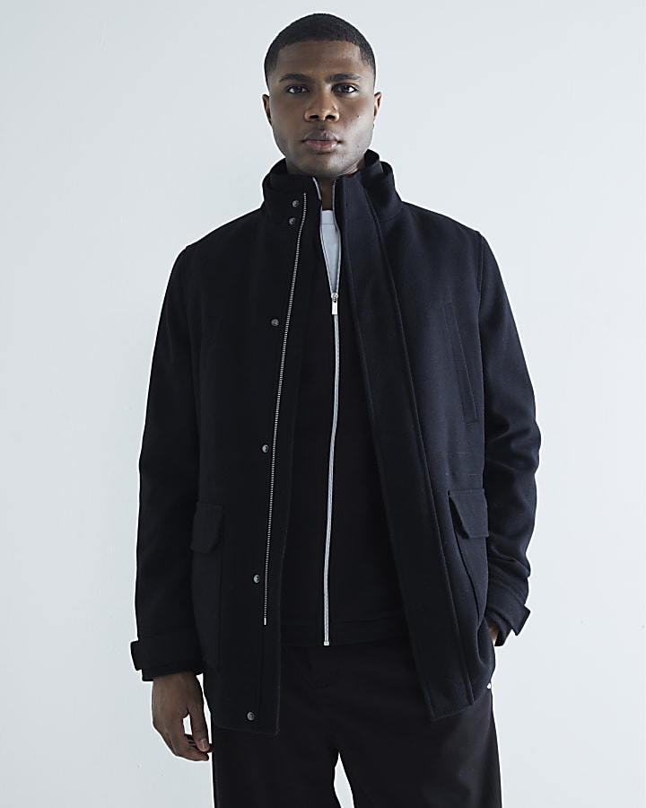 Black Wool Blend Funnel Neck Coat