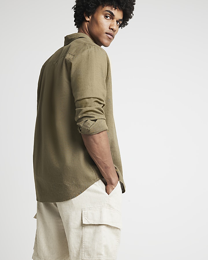 Beige regular fit linen blend cargo shorts