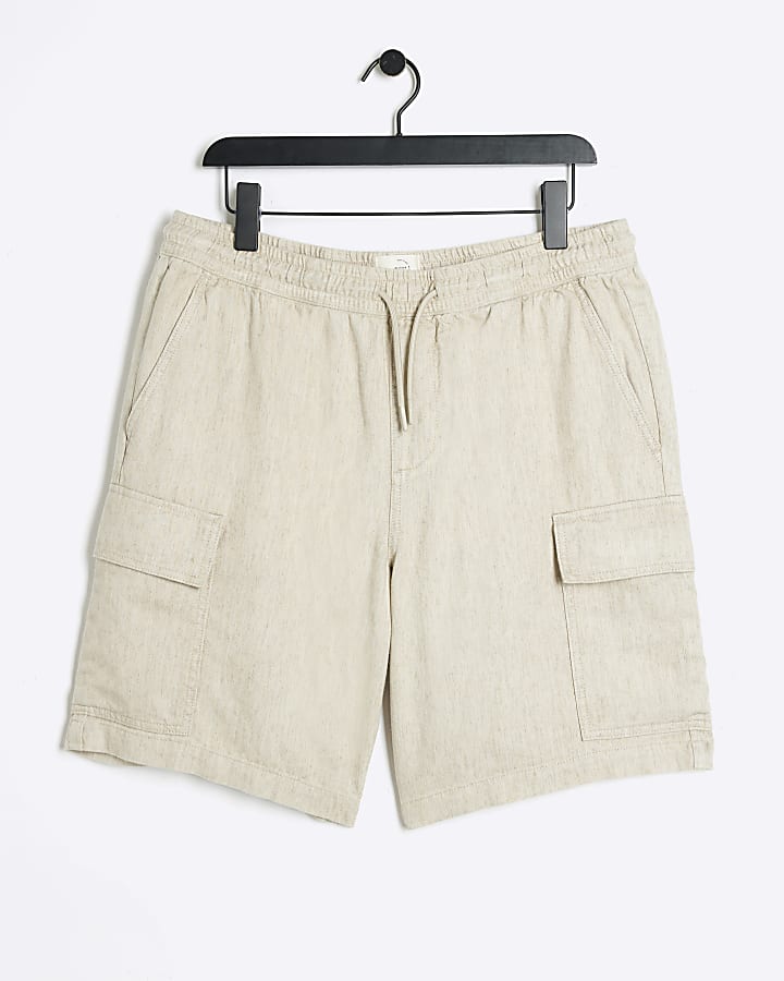 Beige regular fit linen blend cargo shorts