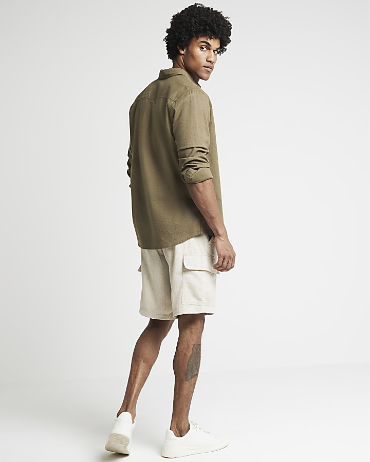 Beige regular fit linen blend cargo shorts