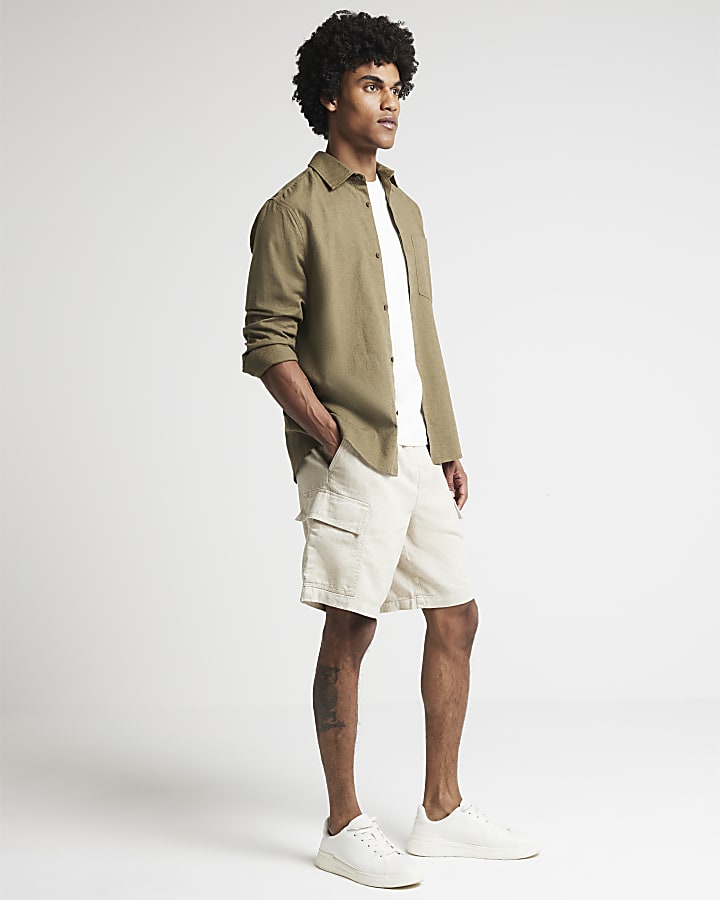 Beige regular fit linen blend cargo shorts