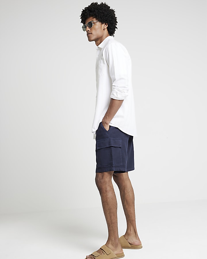 Navy regular fit linen blend cargo shorts