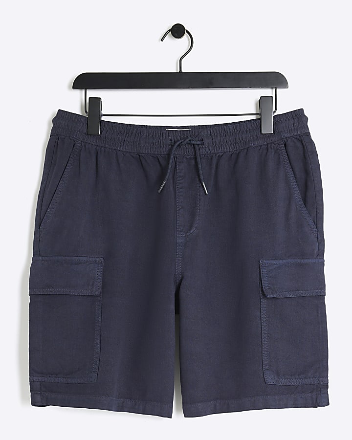 Navy regular fit linen blend cargo shorts