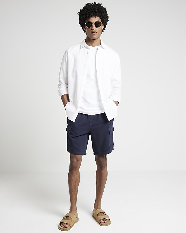 Navy regular fit linen blend cargo shorts