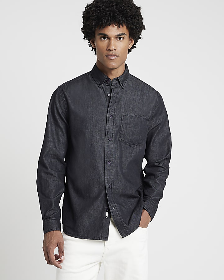 Black regular fit lightweight denim shirt