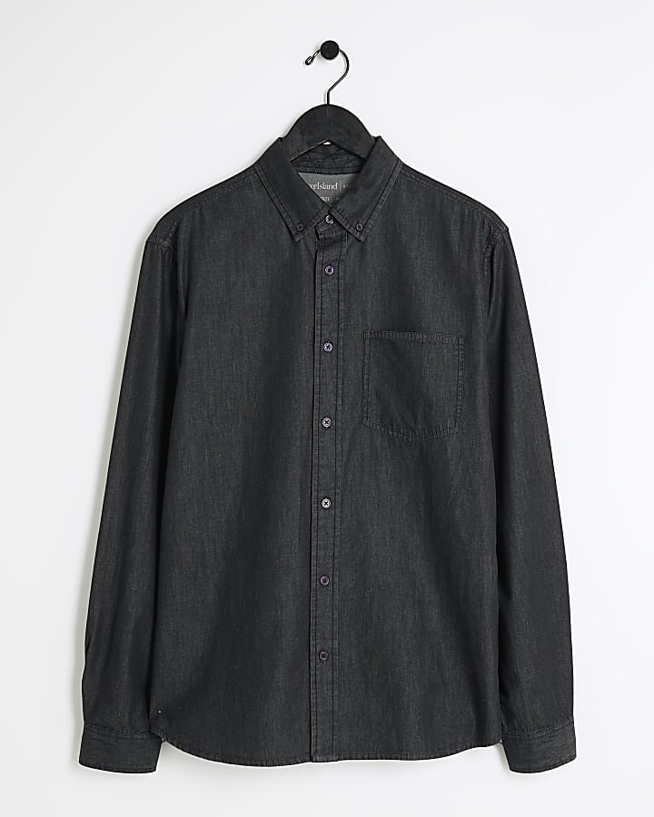 Black regular fit lightweight denim shirt