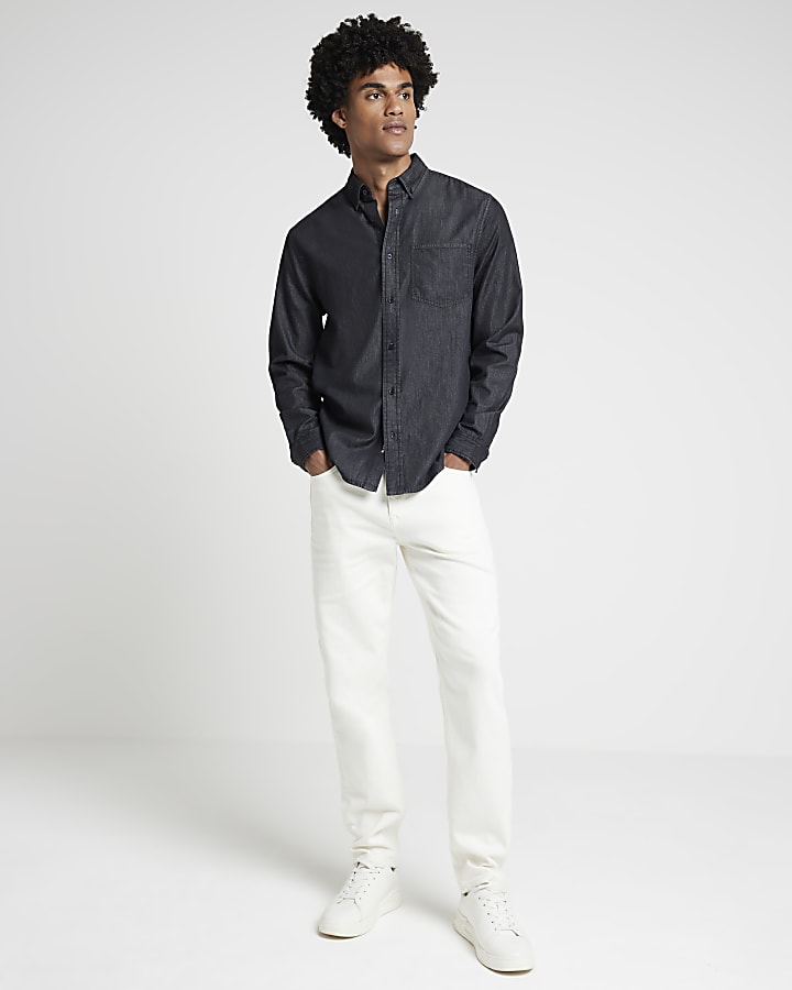 Black regular fit lightweight denim shirt