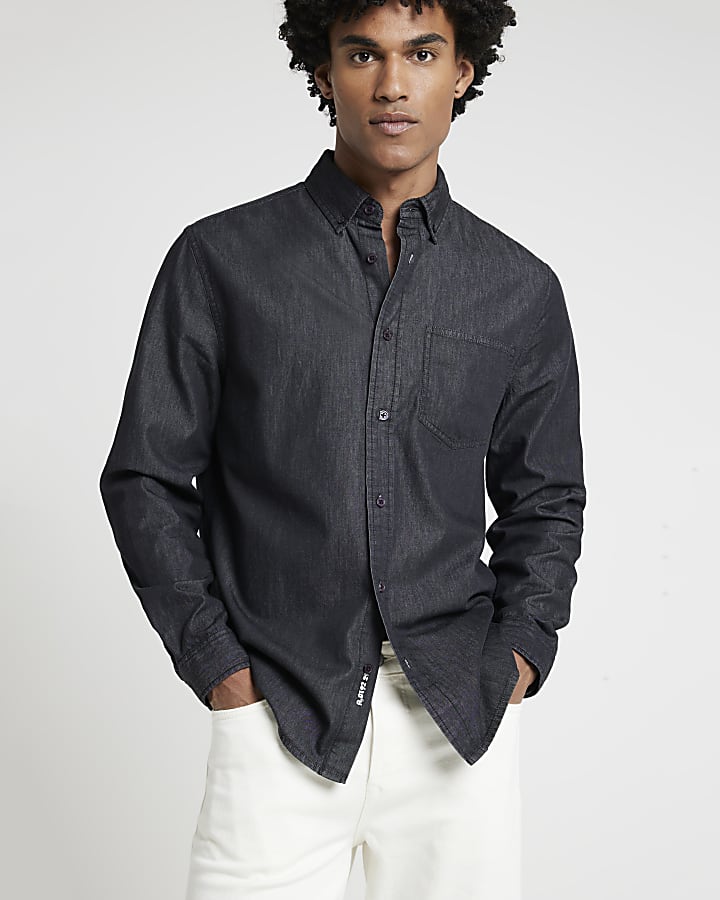 Black regular fit lightweight denim shirt