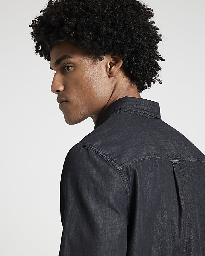 Black regular fit lightweight denim shirt