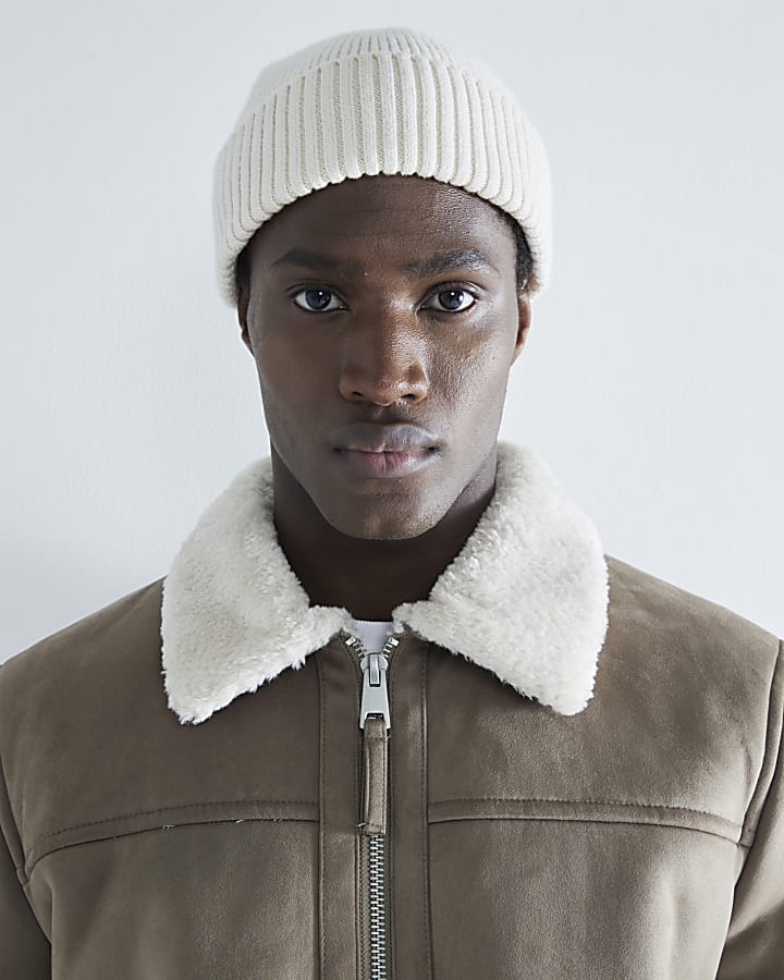 Beige regular fit faux fur shearling jacket