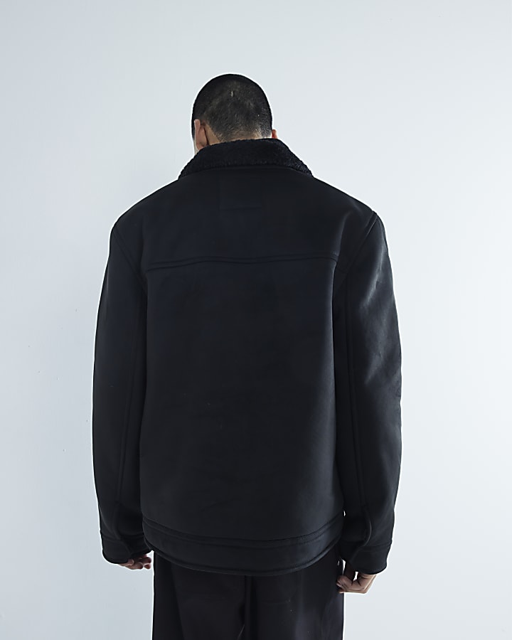 Black Regular Fit Shearling Western Jacket