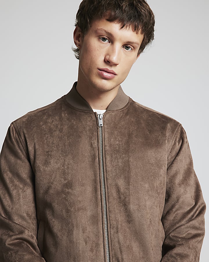 Stone Regular Fit Suedette Bomber Jacket