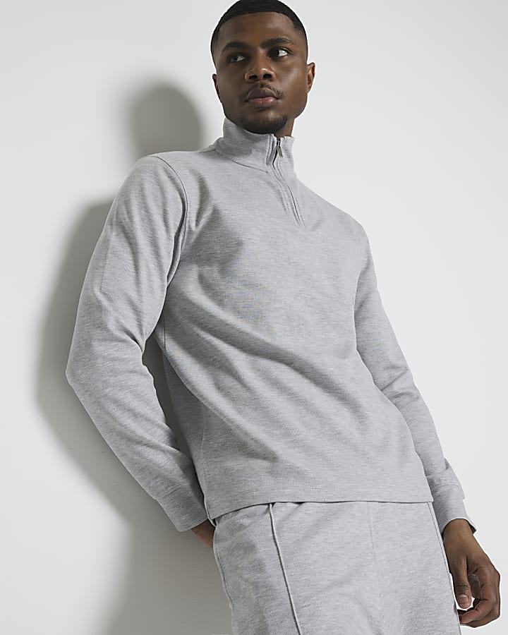 Grey slim fit textured funnel sweatshirt