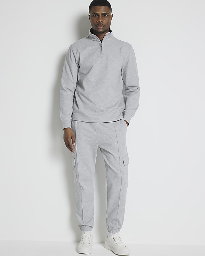 Grey slim fit textured funnel sweatshirt