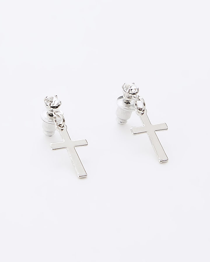 Silver Cross Drop Earrings