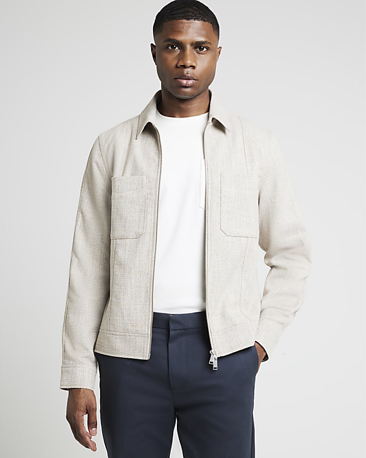 Beige slim fit smart harrington jacket