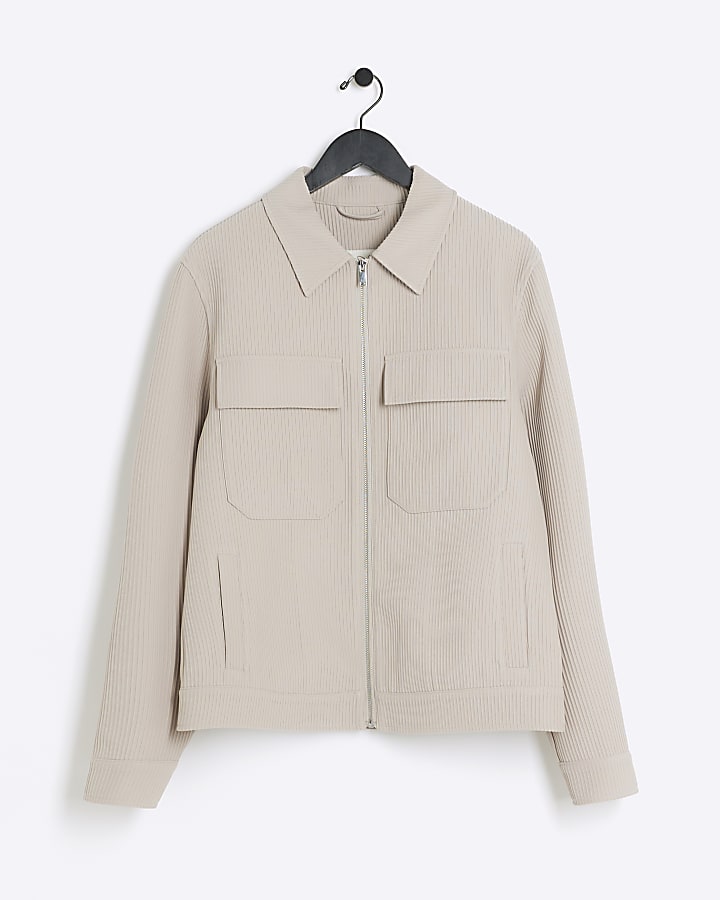 Beige regular fit plisse zip up overshirt