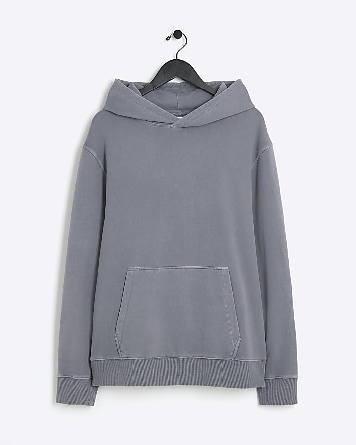 Washed blue regular fit plain hoodie