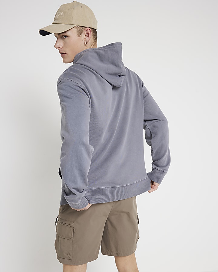 Washed blue regular fit plain hoodie