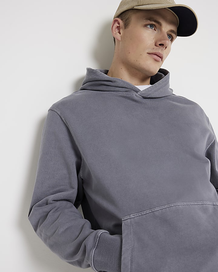 Washed blue regular fit plain hoodie