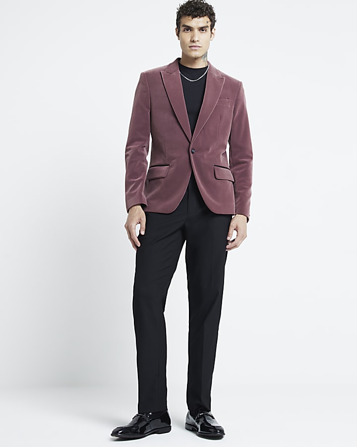 Pink regular fit velvet tux jacket