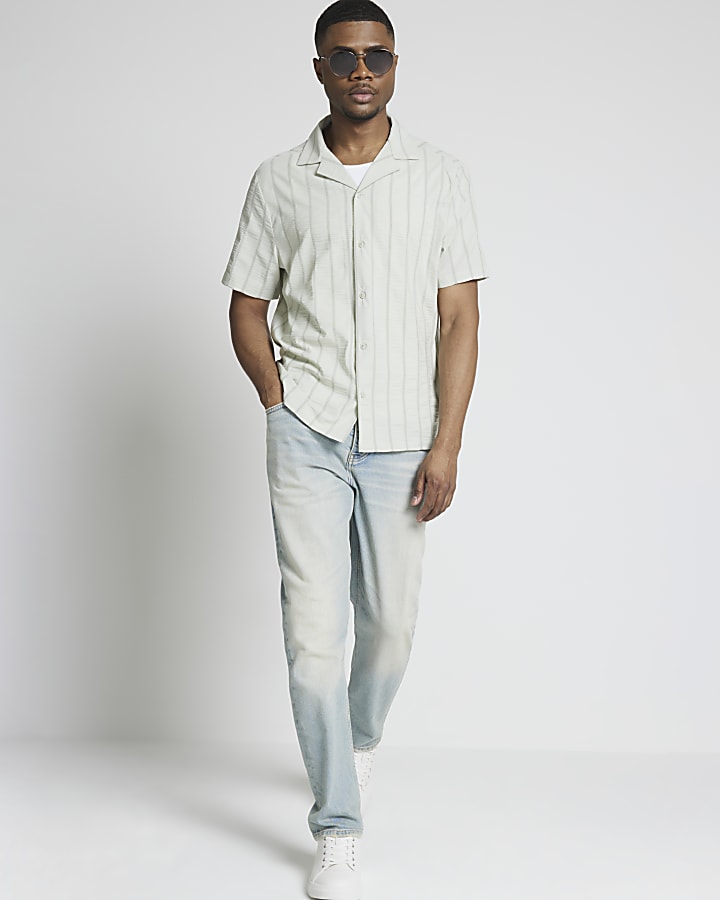 Green regular seersucker stripe revere shirt