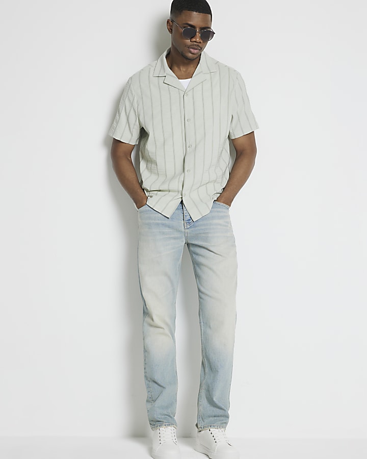 Green regular seersucker stripe revere shirt